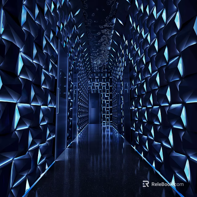 Futuristic Elevator Hallway With Geometric Wall Patterns LED Lighting And Reflective Floor 3d model