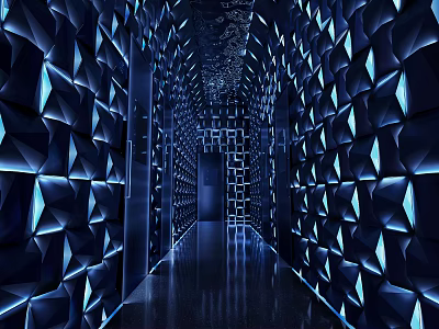 Futuristic Elevator Hallway With Geometric Wall Patterns LED Lighting And Reflective Floor 3d model