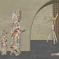 Natural Wood Trunk Floor Lamps With Bark Texture Warm Light In Minimalist Curved Wall Interior