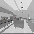 Commercial Kitchen Interior With Stainless Steel Worktables Stoves Hanging Utensils And Pendant Lights