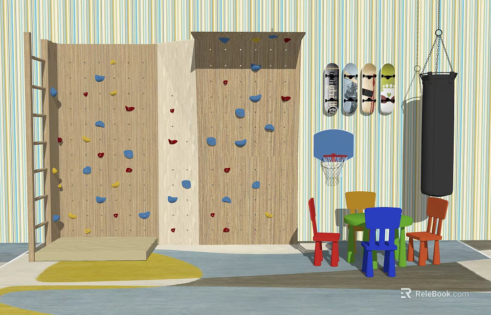 Kids Table With Colorful Chairs Climbing Wall Skateboards And Basketball Hoop In Playroom 3d model 