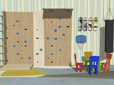 Kids Table With Colorful Chairs Climbing Wall Skateboards And Basketball Hoop In Playroom 3d model