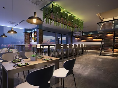 Modern Restaurant Interior With Hanging Lights Green Plants Bar Counter And City View 3d model