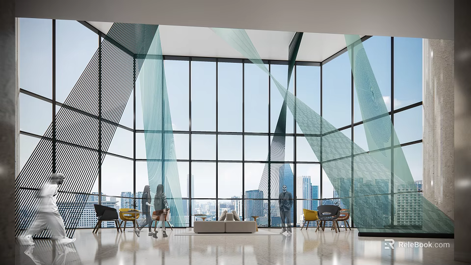 Modern Exhibition Hall Interior Featuring Large Windows City View Sofa Tables And Human Silhouettes 3d model 