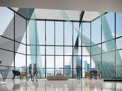 Modern Exhibition Hall Interior Featuring Large Windows City View Sofa Tables And Human Silhouettes 3d model