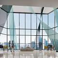 Modern Exhibition Hall Interior Featuring Large Windows City View Sofa Tables And Human Silhouettes
