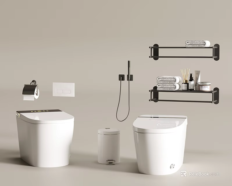 Modern Bathroom Toilet With Toilet Paper Holder Trash Can Towel Rack And Toiletries 3d model 