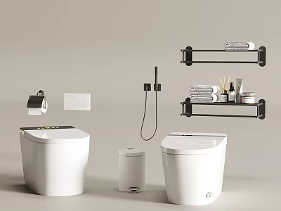 Modern Bathroom Toilet With Toilet Paper Holder Trash Can Towel Rack And Toiletries 3d model
