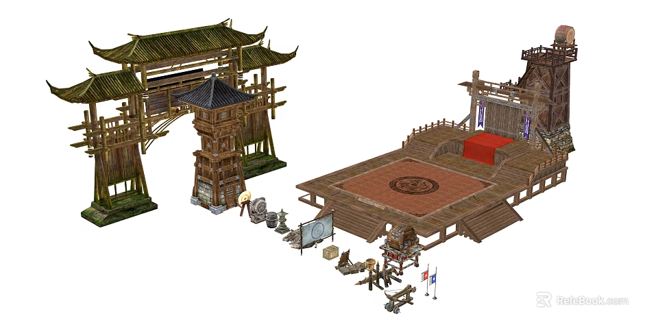 Cartoon Scenic Design of Traditional Chinese Ancient Pavilion Wooden Archway and Stage with Decorative Props 3d model 