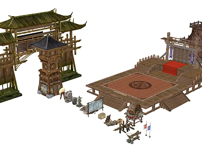 Cartoon Scenic Design of Traditional Chinese Ancient Pavilion Wooden Archway and Stage with Decorative Props 3d model