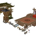 Cartoon Scenic Design of Traditional Chinese Ancient Pavilion Wooden Archway and Stage with Decorative Props