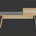 Modern Wooden Bench With Gray Cushion Light Wood Legs And Small Tabletop