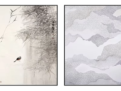 Chinese Ink Art Pieces With Bamboo Bird And Abstract Mountain Dot Patterns 3d model