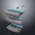 Futuristic Architectural Landscape Featuring Spiral Ascending Structure Multiple Levels And Blue Accents