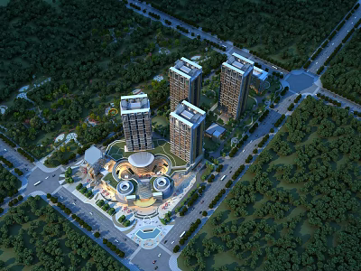 Modern High Rise Residential Buildings Surrounded by Greenery with Central Plaza and Roads 3d model
