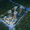 Modern High Rise Residential Buildings Surrounded by Greenery with Central Plaza and Roads