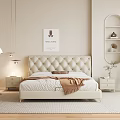 Cozy Bedroom Interior Featuring Tufted Beige Headboard White Bedsheets Brown Blanket Nightstand And Table Lamp