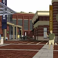 Modern Commercial Street With Brand Stores Pedestrians Trees And Plaza Area