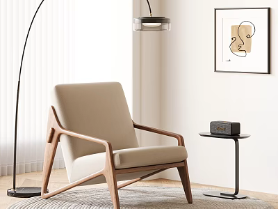 Beige Accent Chair With Wooden Armrests Modern Living Room Floor Lamp Side Table And Artwork 3d model