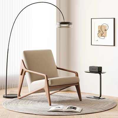 Beige Accent Chair With Wooden Armrests Modern Living Room Floor Lamp Side Table And Artwork 3d model