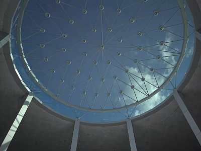 Architectural Glass Dome Structure With Metal Framework Supporting Columns And Visible Sky Clouds 3d model