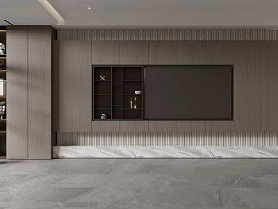 Modern TV Wall Design With Wooden Panels Built-in TV Storage Cabinets And Marble Base 3d model