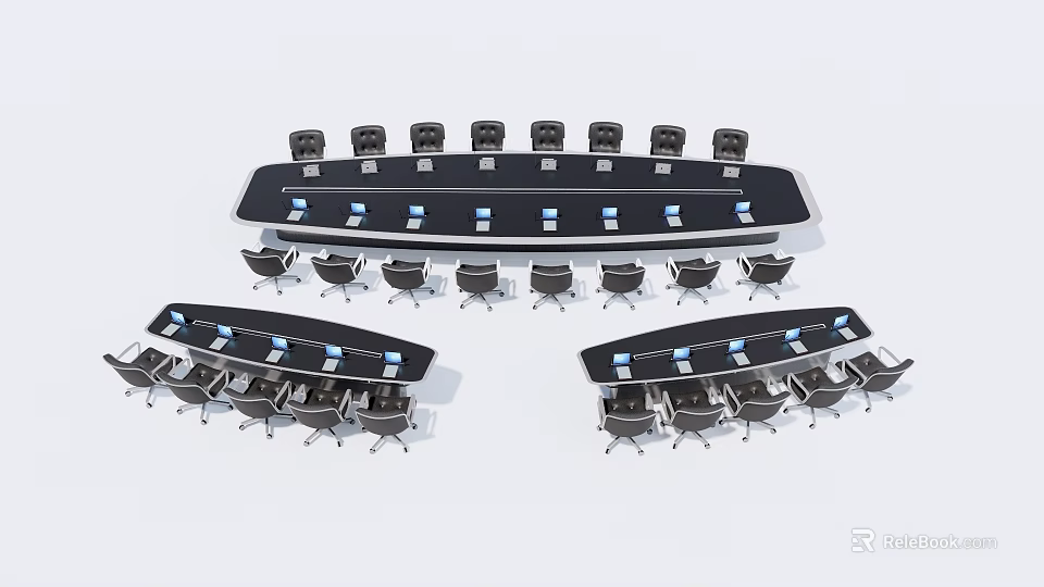 Modern Conference Tables With Black Ergonomic Chairs And Curved Design Layouts 3d model 