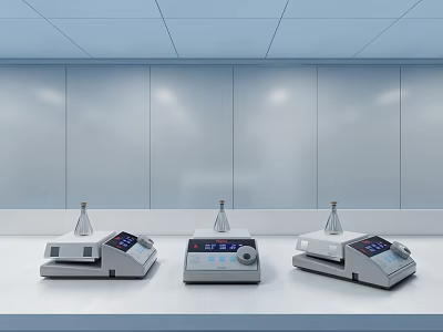 Three Industrial Equipment Units with Conical Tops and Digital Displays in Clean Lab 3d model