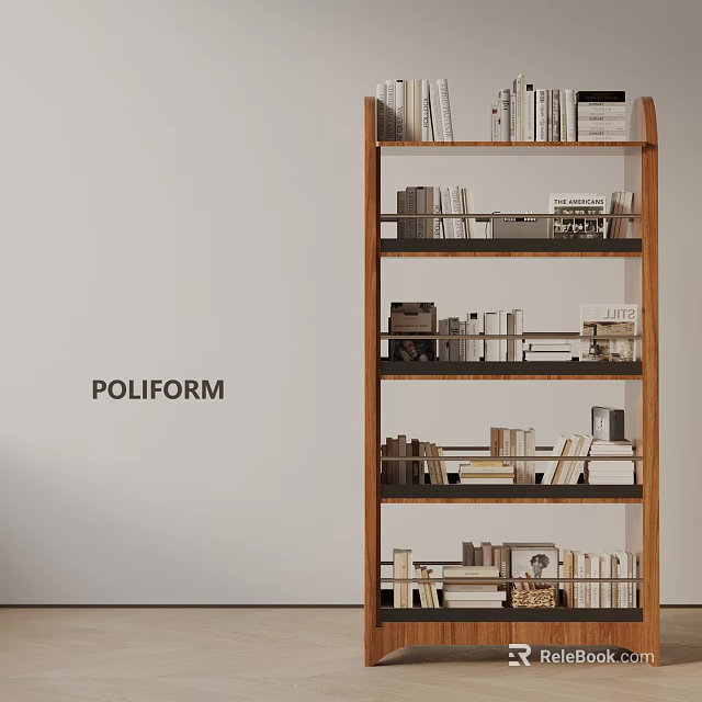 Stylish Wooden Bookshelf by POLIFORM with Multiple Shelves Filled with Books and Decor 3d model 