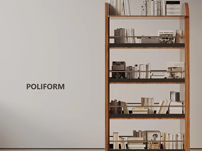 Stylish Wooden Bookshelf by POLIFORM with Multiple Shelves Filled with Books and Decor 3d model