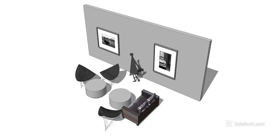 Modern Minimalist Sofa And Coffee Table Set With Black Armchairs Round Tables And Wall Art Frames 3d model 