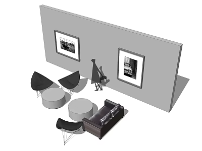 Modern Minimalist Sofa And Coffee Table Set With Black Armchairs Round Tables And Wall Art Frames 3d model