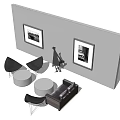 Modern Minimalist Sofa And Coffee Table Set With Black Armchairs Round Tables And Wall Art Frames