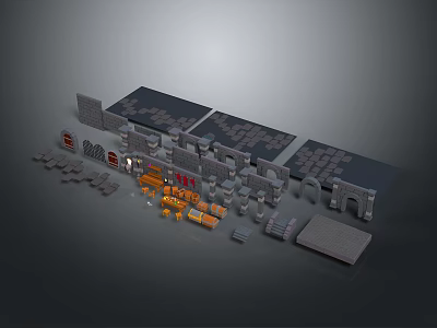 Building Model Components With Gray Wall Blocks Orange Parts And Arch Structures 3d model