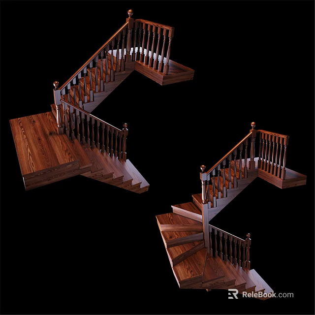 Wooden Staircase with Handrail and Spiral Steps Design for Home Interior 3d model 