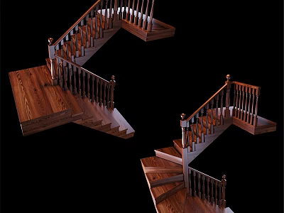 Wooden Staircase with Handrail and Spiral Steps Design for Home Interior 3d model