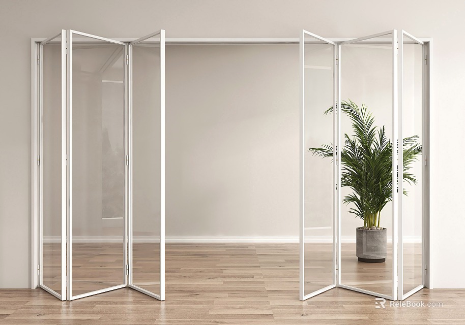 Folding Glass Doors with White Frame in Modern Interior and Green Plant 3d model 