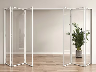 Folding Glass Doors with White Frame in Modern Interior and Green Plant 3d model