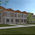 Modern Detached Villa Exterior With Large Windows Wooden Roof Lawn And Trees
