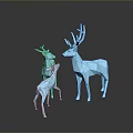 Modern Geometric Blue Deer Sculptures Large And Small On Reflective Dark Background