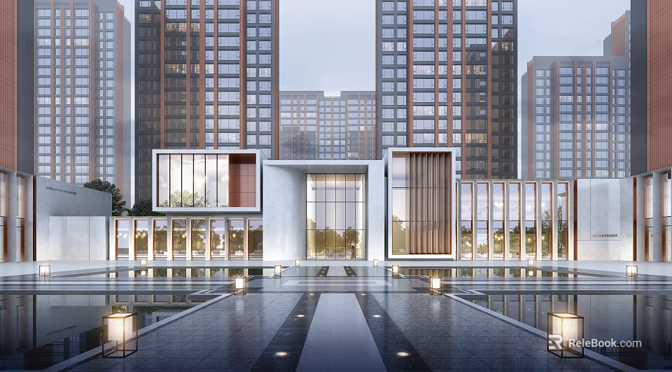 Modern Commercial Street With High Rise Buildings Glass Facades And Water Pool Plaza Lighting 3d model 