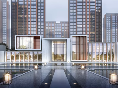 Modern Commercial Street With High Rise Buildings Glass Facades And Water Pool Plaza Lighting 3d model