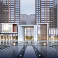 Modern Commercial Street With High Rise Buildings Glass Facades And Water Pool Plaza Lighting