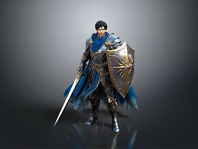 A Man In Medieval Armor With Blue Cape Holding Sword And Golden Shield 3d model