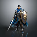 A Man In Medieval Armor With Blue Cape Holding Sword And Golden Shield