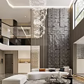 Modern Duplex Living Room With High Ceiling Large Windows Sofa Coffee Table And TV Wall