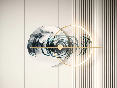 Modern Circular Ink Wall Decor With Golden Lines And LED Light On Light Colored Wall 3d model