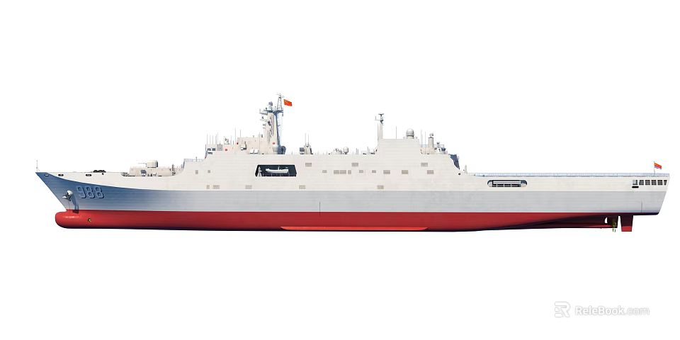 Military Warship With White Red Hull Superstructure And Radar Antennas On Deck 3d model 
