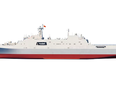 Military Warship With White Red Hull Superstructure And Radar Antennas On Deck 3d model