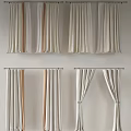 Various Elegant Curtains in Neutral Tones with Pleated Design Hanging on Rods